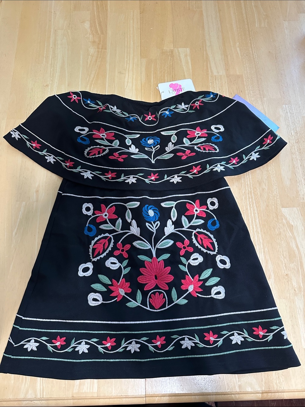 L'ATISTE Black Off-Shoulder Dress with Multicolor Floral Embroidery